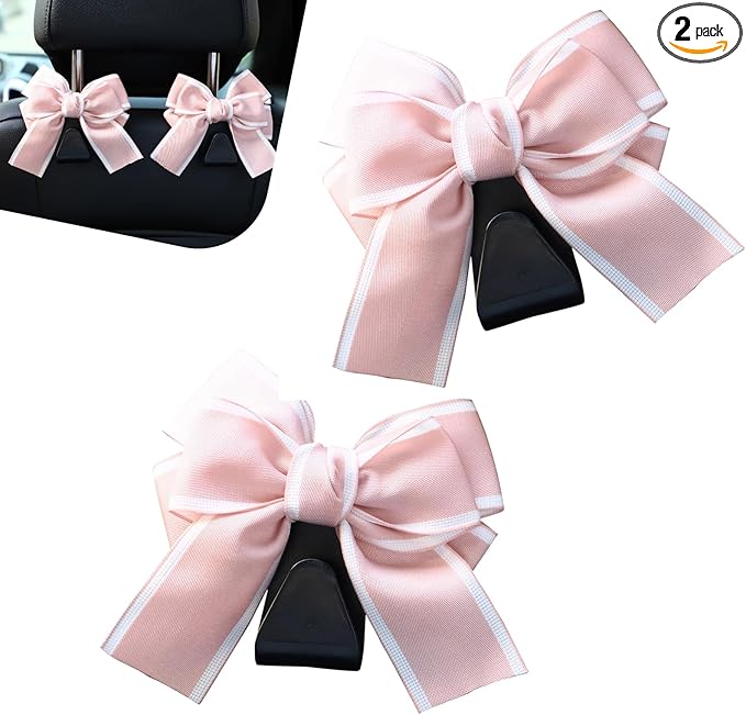 2 PCS Car Seat Headrest Hooks, Bow-Shaped Design Back Seat Storage Hangers, Automotive Purse Hanger for Purses, Bags, Umbrellas, Universal for Most Cars (Pink)