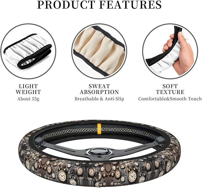 Neoprene Steering Wheel Cover Wall Clock Alarm Clock Seconds Car Steering Wheel Cover Universal Fit for Most Cars