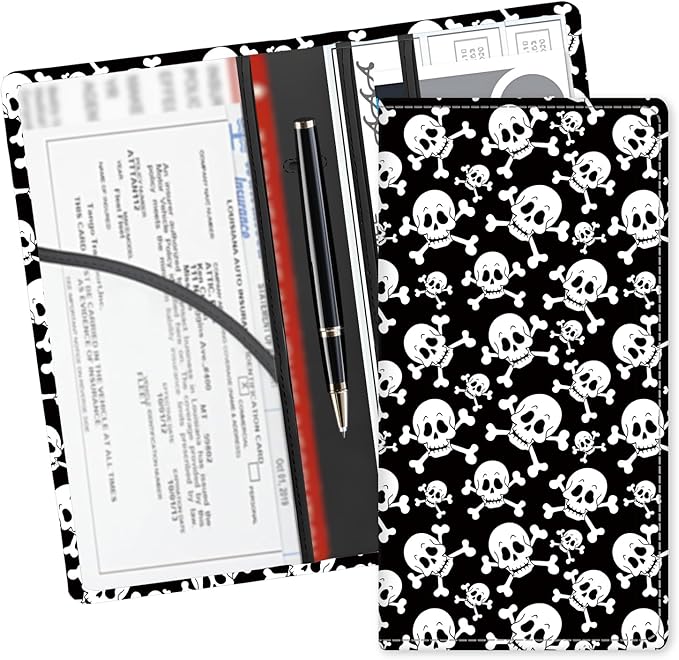 ADUQLZUX Leather Car Registration and Insurance Card Holder, Cute Car Accessories Vehicle Glove Box Car Organizer for Documents, Cards, License Black White Skulls