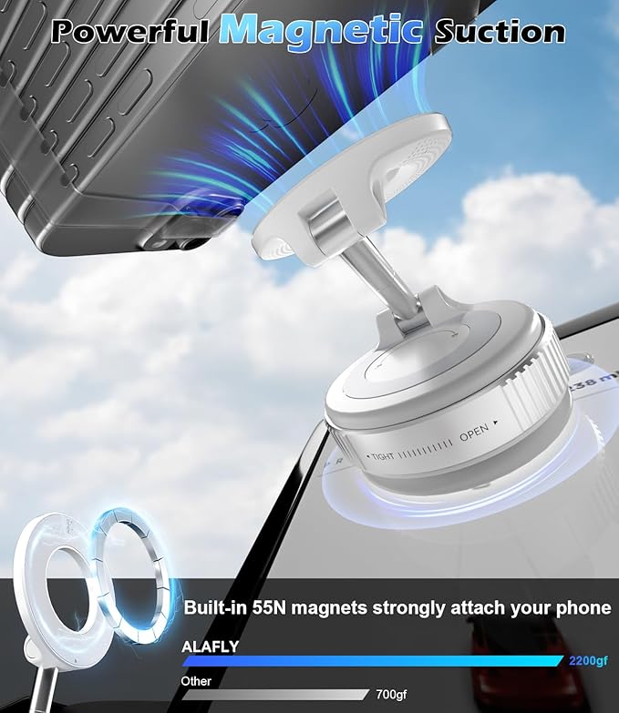 ALAFLY Car Phone Mount for Magsafe, 360° Adjustable Magnetic Phone Holder Foldable Suction Cup Phone Mount for Car/Gym/Mirror Mount for iPhone/Android, White