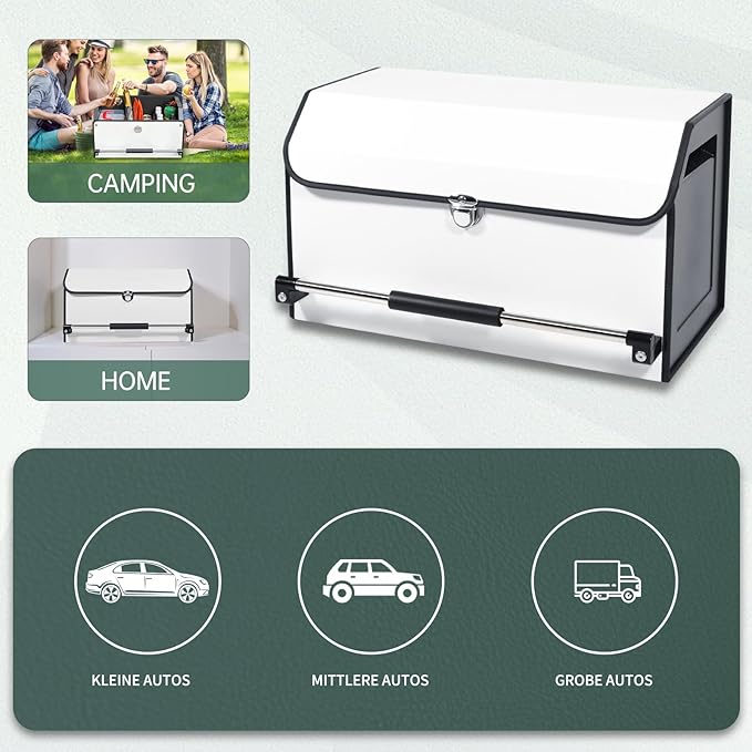 XCF Car Trunk Organizer, Leather Collapsible Trunk Organizer for suv with Lid and Push-pull Handle Car Trunk Storage Organizer for Cars, SUV, Minivan, Truck, Sedan (White)