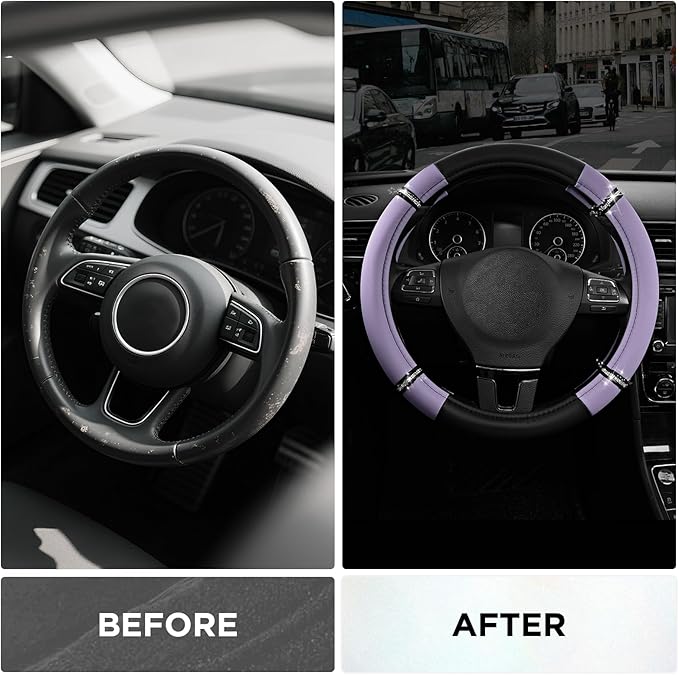 Road Comfort Leather Steering Wheel Cover – Premium Anti-Slip Car Steering Wheel Grip Cover – Universal Fit for 14.5”–15.5” Cars, Trucks & SUVs - Purple