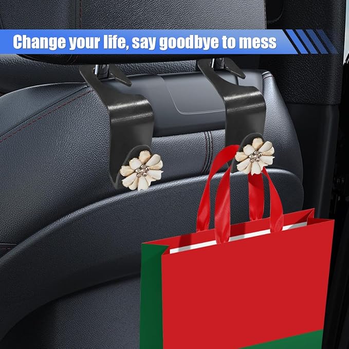 Craedli 2PCS Bling Flower Car Seat Headrest Hook, Cute Rhinestones Car Mini Hook Auto Back Seat Hanger Organizer, Portable Vehicle Interior Bag & Purse Storage Holder for SUV, Sedan, Truck (White)