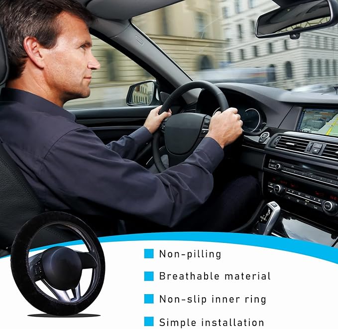 Augeny Fuzzy Car Steering Wheel Cover, Anti-Slip Soft Plush Steering Wheel Protector, 15 Inch Elastic Wheel Covers, Universal Vehicle Interior Winter Warm Accessories for Men Women (Black)