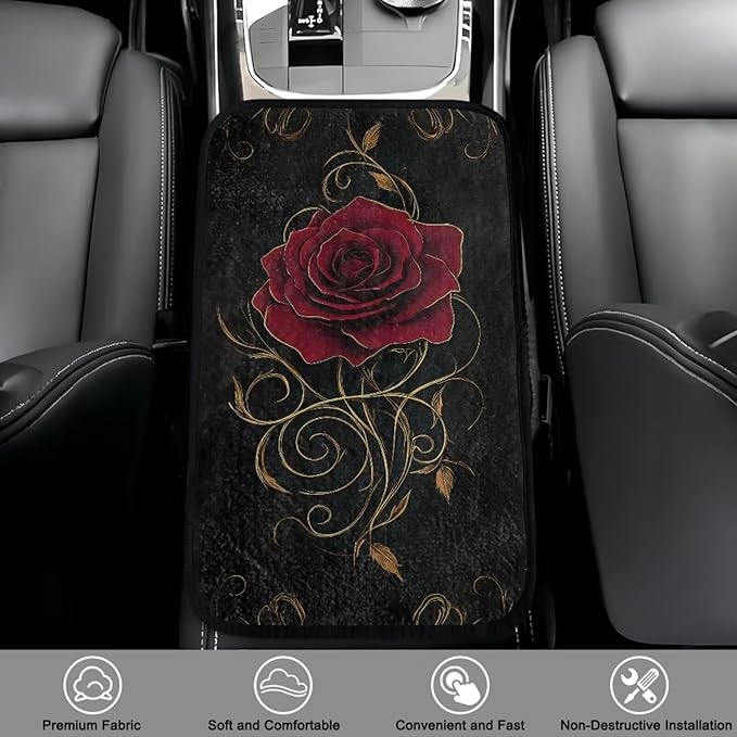Bulopur Red Rose Car Center Console Cushion Pad Flannel Protect from Pet Claws Auto Armrest Console Cover Easy to Install 12.01 x 7.28 Inch Universal Fit for Auto Truck Van SUV