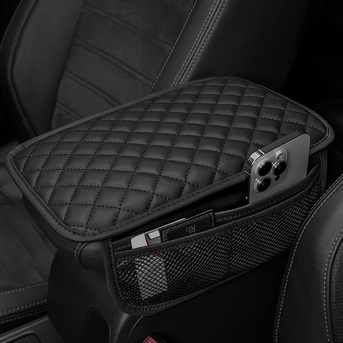 ADDSOM Car Center Console Cover with 6 Storage Pockets, Leather Car Arm Rest Cover Thickened Cushion, Universal Vehicle Armrest Pad Interior Protector, Black