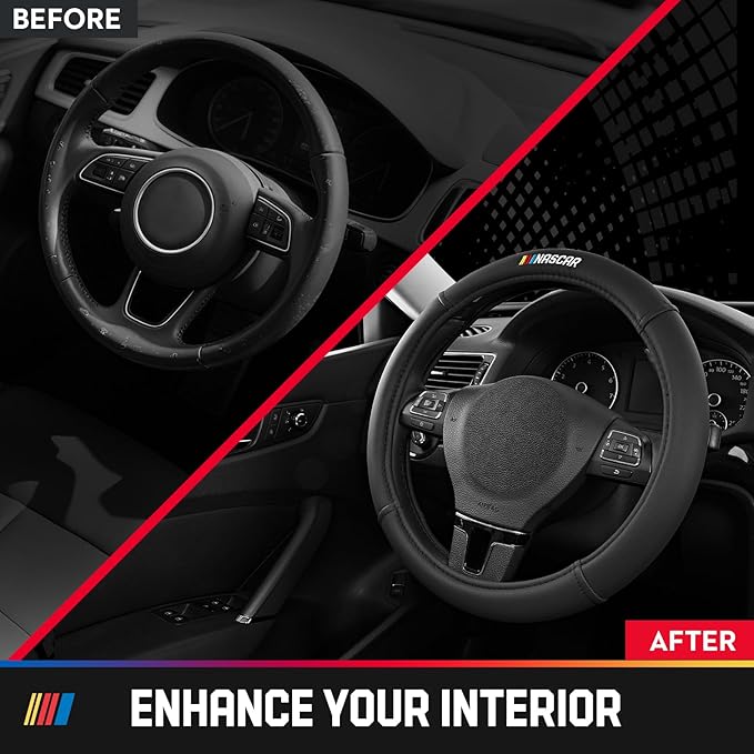NASCAR Steering Wheel Cover, Two-Tone Black Leather Patchwork, Universal Fit 14.5"-15.5" Steering Covers for Cars, Anti-Slip, Soft Grip, Odor-Free, Trucks & SUVs, Racing Style Interior Upgrade