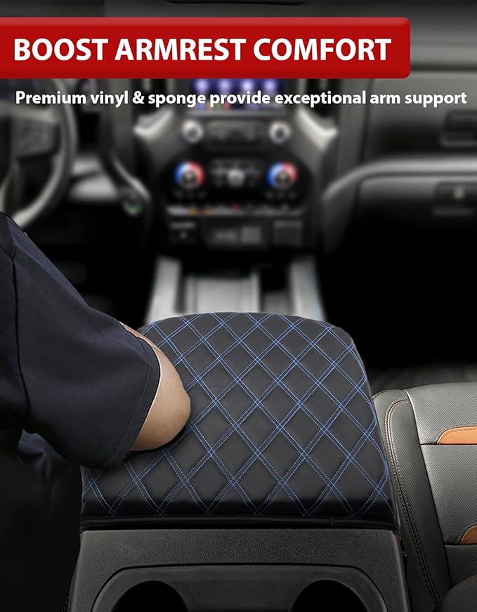 KBH Center Console Armrest Cover for Chevy Silverado GMC Sierra 2019-2026, Tahoe Suburban Yukon 2021-2026, Bucket Seat, Vinyl Leather Trim, Anti-Scratch, Black-Blue Stitch