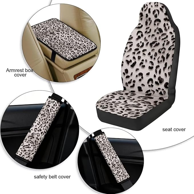 Qeluxign Leopard Print Car Accessories Set for Women Center Console Armrest Pad Seat Belt Cushion Universal Car Accessories for SUV Van Truck
