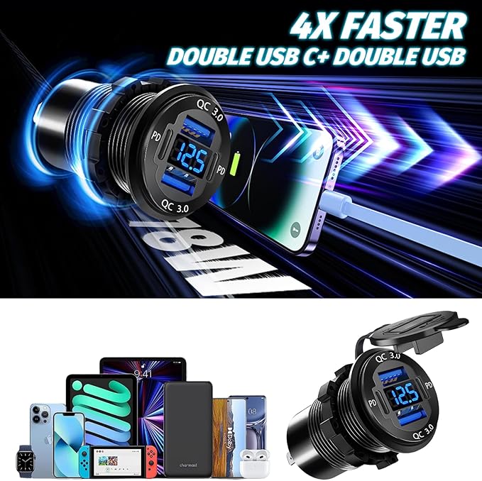 Upgraded 12V USB Charger with 4 Ports - Aluminum Alloy Car Outlet with LED Voltmeter for Cars, Golf Carts, Boats, RVs, Trucks, and Motorcycles (Pack of 1)