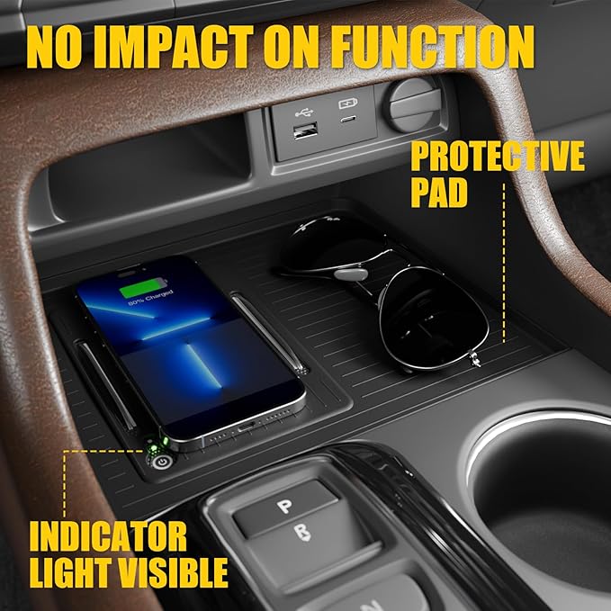 Center Console Mat Compatible with 2023-2026 Honda Pilot 2026 Passport Wireless Charging Mat with Indicator Light Port Center Console Anti-Slip Protector Pad Silicone 2025 Pilot Accessories