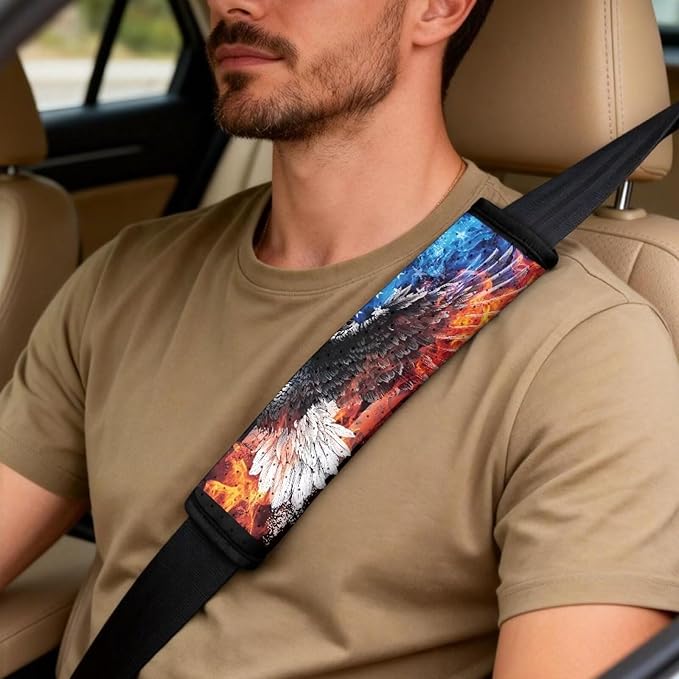Qeluxign 5-Piece Car Accessories Set Universal Fit PU Leather Seat Covers Seatbelt Pads and Armrest Cover for Cars, Trucks, SUVs,Flame Eagle American Flag