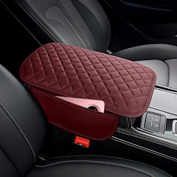 DSCARCovers Upgraded Car Center Console Cover,Microfiber Leather Car Armrest Cover Cushion with 2 Storage Bags,Universal Car Armrest Storage Box Car Interior Accessories for Most Vehicles (Wine red)