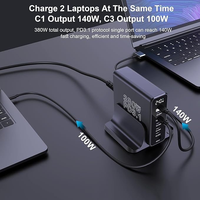 URVNS 240W 4-Ports USB C Car Charger Bundle with a 380W 7-Ports USB C Charging Station with LED Display