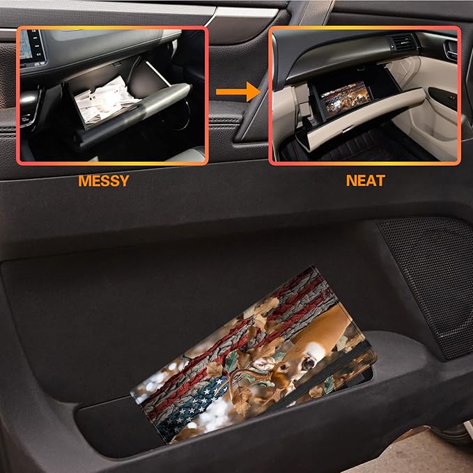Car Registration and Insurance Holder,Leather Vehicle Glove Box Organizer Wallet for Document,Perfect for any Car,Truck,Motorcycle,Driver License,Trailer or Boat,Men & Women,American Deer Flag
