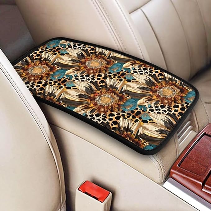 Sunflower Center Console Armrest Cover Flower Floral Leopard Car Interior Accessories Arm Rest Seat Box Covers Protector Cars Decor Accessory