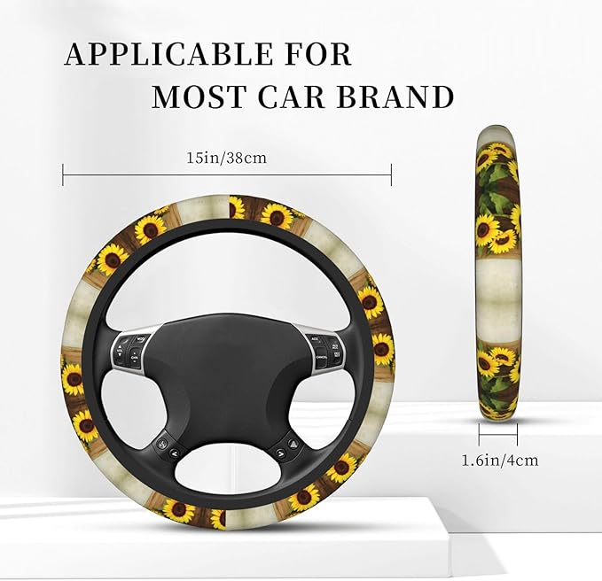 Sunflower On Wooden Board Universal Fit Steering Wheel Cover for Car, Truck, and SUV, Durable Steering Wheel Protection