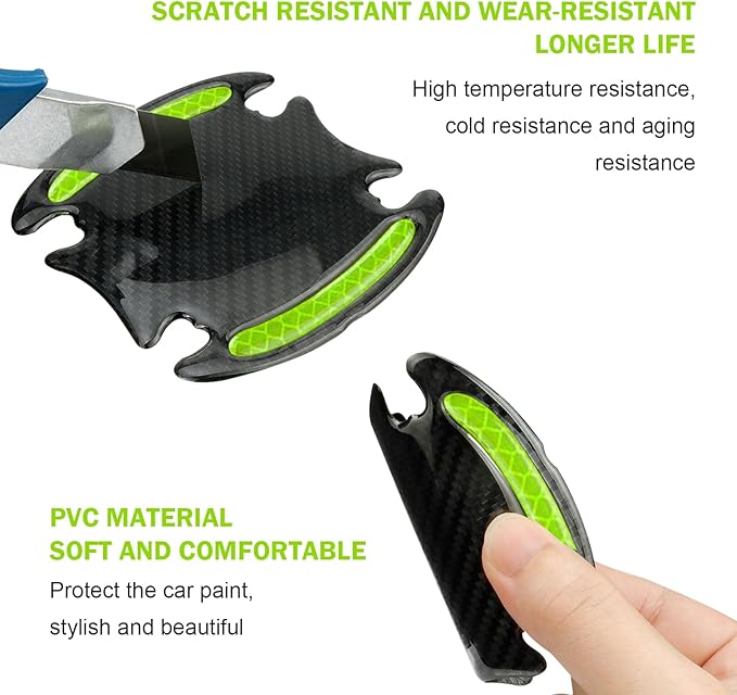 8PCS 3D Carbon Fiber Car Door Handle Protector Sticker, Universal Auto Door Handle Anti Scratch Cover Guard, Car Outdoor Safety Reflective Strips, Paint Guard Protective Films(Green)