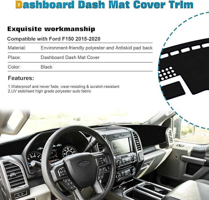 x xotic tech Center Console Dashboard Mat Pre-Cut Non-Slip Sunshield Sun Glare Protector Dash Carpet Pad Black Cover Compatible with Ford F150 2015-2020