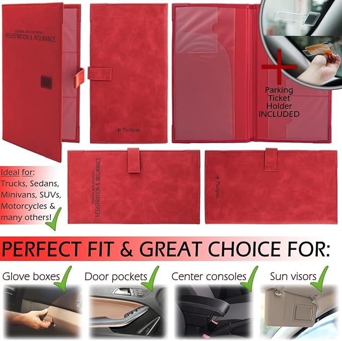 Auto Insurance and Registration Card Holder - Vehicle Glove Box Document Organizer - Car Essential Paperwork Holder for DMV, AAA, Contact Information Cards - Premium PU Leather Wallet Case - Red