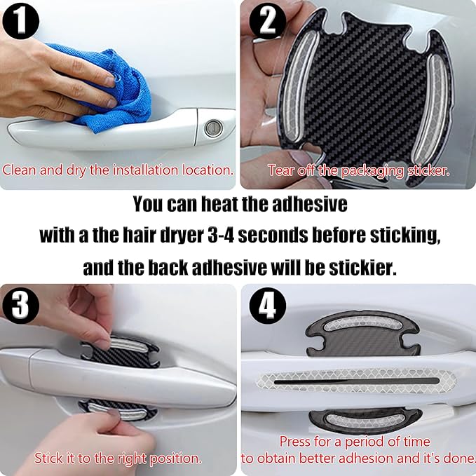 8Pcs Car Door Handle Protector Reflective Sticker,3D Carbon Fiber Universal Door Handle Scratch Protector Cover,Self-Adhesive & Non-Marking,Paint Guard Protective Films (White)