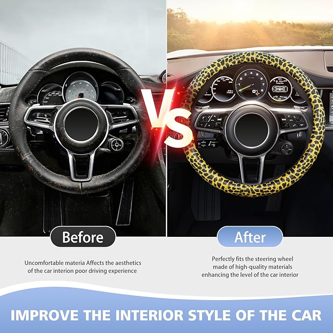ZHOL Leopard-Cheetah Print Steering Wheel Cover,Made of PU Leather and Leopard Print Fabric,Non-Slip and Breathable Design,Suitable for Both Men and Women,Universal 14.5-15 inches (Black&Yellow)