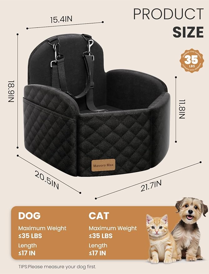 Mavora Max Dog Car Seat for Small/Medium Dogs, Elevated Dog Booster Seat Memory Foam Puppy Car Seat with Washable Cover, Travel Safety Pet Seat for Car with Storage Pockets Up to 35 lbs (Black)
