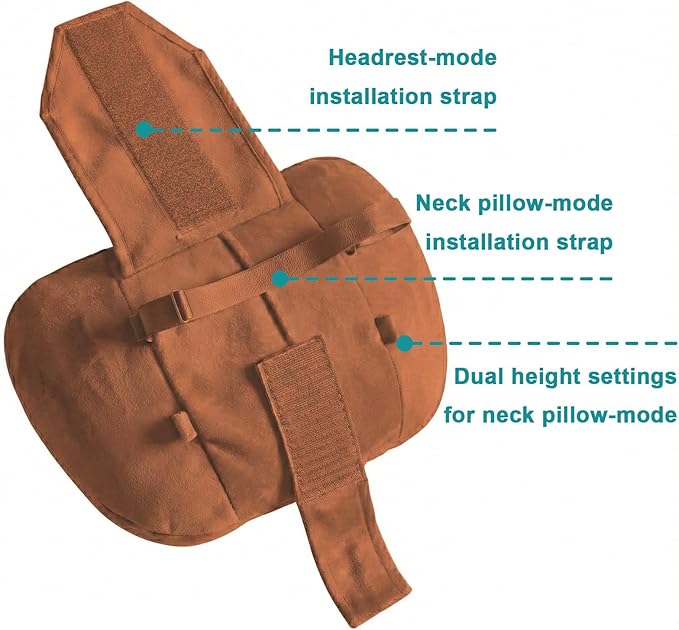 2PCS Car Pillow for Car Neck Pillow for Driving Seat Leather Neck Support Soft Cushion Back Support Head-Rests for Vehicle Sleeping with Elastic Adjustment Strap (Brown, Head)