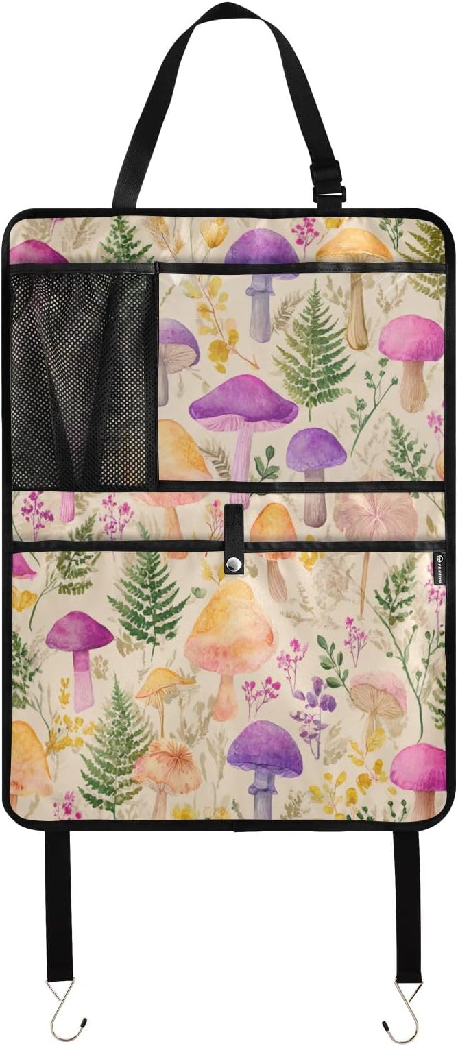 1 Pack Back Seat Car Organizer with Storage Pockets Kick Mats Back Seat Protector Hanging Car Organizer Automotive Seat Back Cover Organizers Mushroom Colorful Pattern