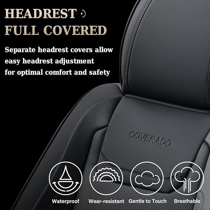 Coverado Car Seat Covers Full Set, Seat Covers for Cars, Car Seat Protector Waterproof, Leather Car Seat Cushion, Universal Interior Covers Seat Protectors for Most Cars Black