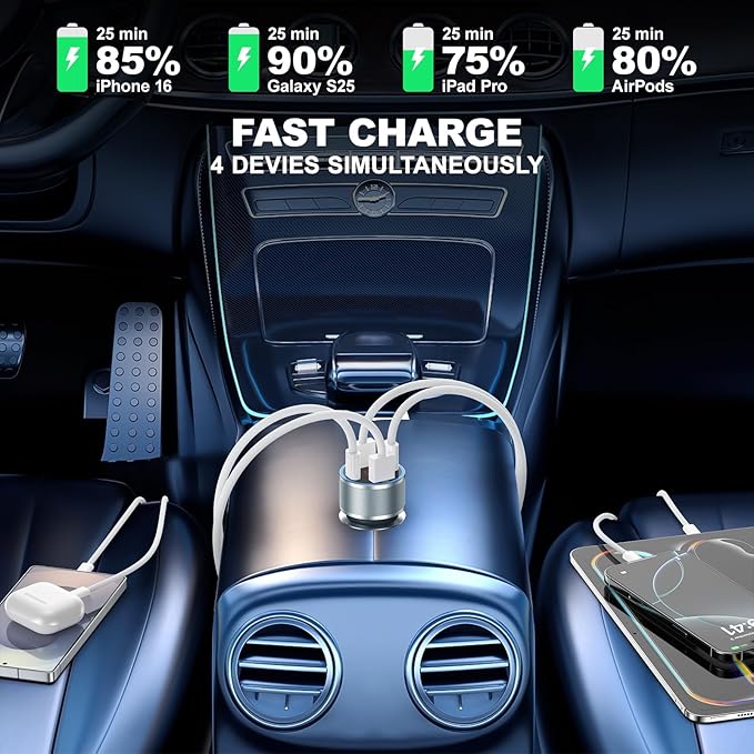 USB C Car Charger, 65W 4-Ports USB Fast Charging PD30W Cigarette Lighter Charger Adapter Digital Voltage Display with 2X USB Cables for iPhone 16 15 14 13, Samsung Galaxy S25 S24 S23, iPad & Tablets