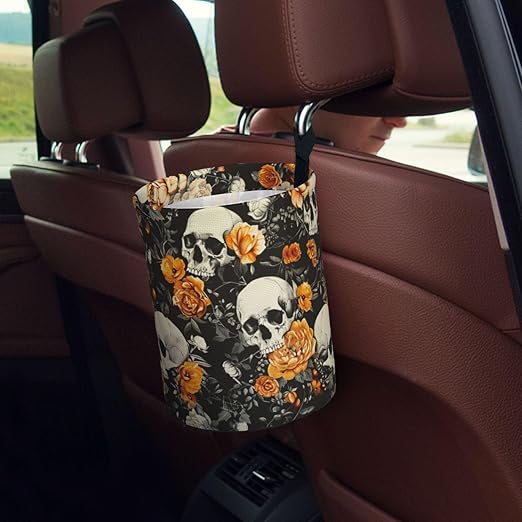 Vintage Skulls Orange Car Trash Can Garbage Cans Foldable,Cute Hanging Car Organizer and Storage Bag Leak Proof, Auto Back Seat Trash Bin Universal for Truck, SUV, Outdoor Travel
