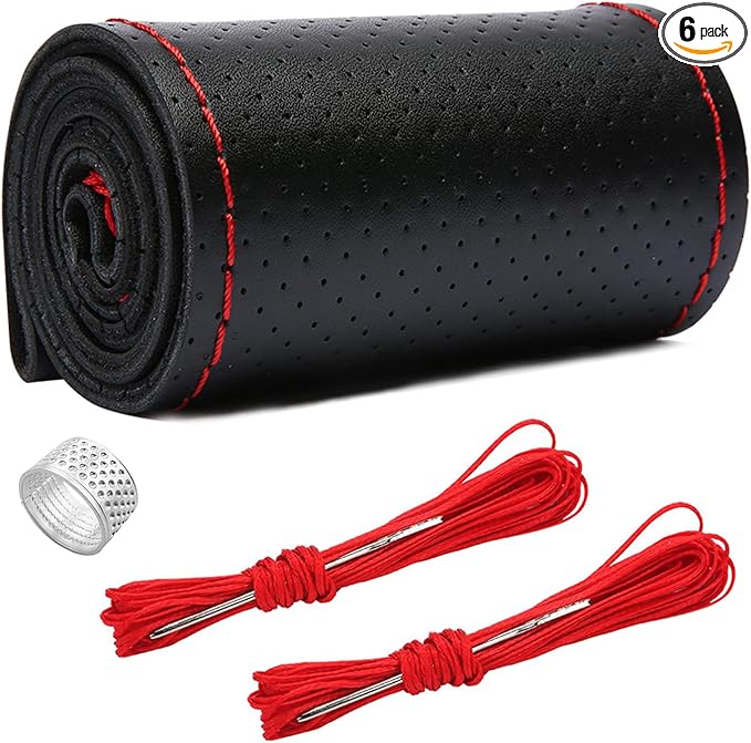 Ziciner Genuine Leather Steering Wheel Cover, Stitch on Wrap, Breathable Anti-Slip Car Steering Wheel Protector for Max Diameter 15 Inch, DIY Sewing with Needles Thread (Black/Red Line, Hole)