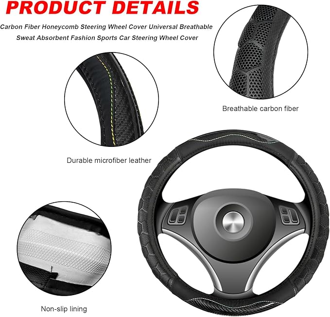 Carbon Fiber Steering Wheel Cover, Non-Slip Leather Steering Wheel Protector with 3D Honeycomb Design, Comfy Grip Breathable Sporty Auto Wheel Wrap for Most Cars Trucks SUVs (Black)