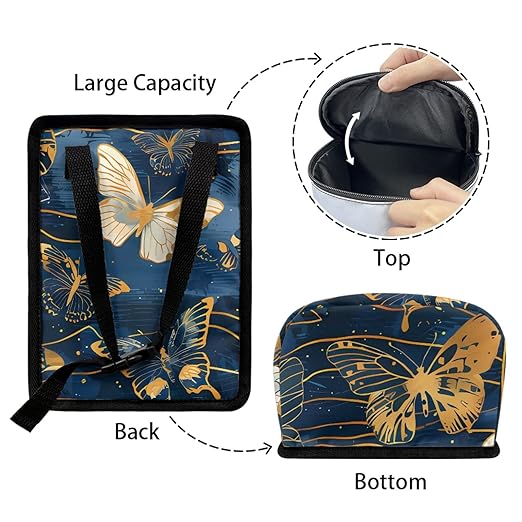 Deep Blue Car Trash Bin Adorned with Gold Butterfly Accents, Featuring a Zippered Portable Design to Keep Vehicle Neat and Organized