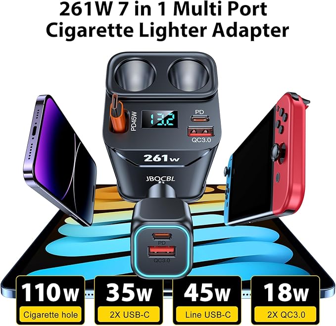 Cigarette Lighter Splitter with Retractable Car Charger, 45W USB C Car Cup 2-Socket Cigarette Lighter Adapter Heavy Duty Truck Car Plug Outlet Splitter Fast Charging 12V/24V Multi Port for Car Devices