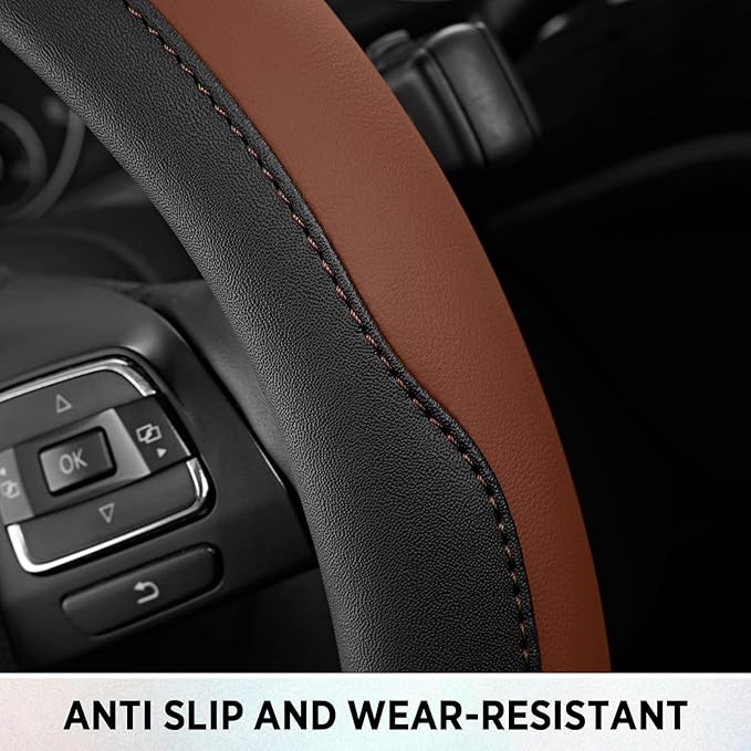 Road Comforts Steering Wheel Cover, Breathable Anti-Slip Leather Steering Wheel Cover, Universal Fit 14.5–15 Inch, Comfortable Grip - Brown Color