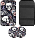 JANENFNA Car Armrest Cover Pads Universal Fashion Cute Auto Center Console Armrest Cover Pad with 2PCS Car Coasters Soft Waterproof Car Armrest Seat Protector for Women,Skulls Flowers
