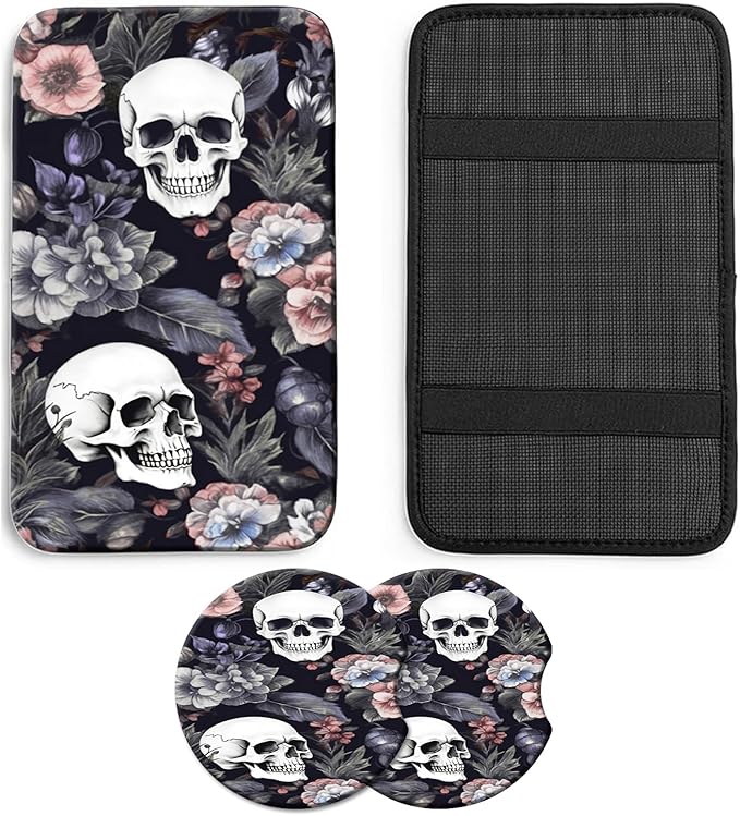 JANENFNA Car Armrest Cover Pads Universal Fashion Cute Auto Center Console Armrest Cover Pad with 2PCS Car Coasters Soft Waterproof Car Armrest Seat Protector for Women,Skulls Flowers