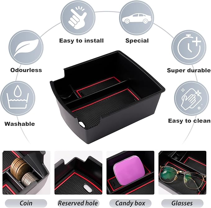 SKTU for 2018 2019 2020 2021 2022 2023 Hyundai Kona Center Console Organizer Insert ABS Black Materials Tray 2023 Kona OS Armrest Box Glove Secondary Storage Box with Coin and Glass Holder (Red)