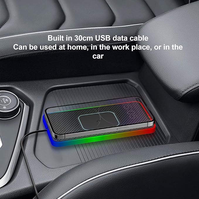 Magnetic Wireless Car Charging Pad 20W with RGB LED Light, Non Slip Fast Wireless Charger Mat for 17/16/15/14/13/12, Charging Pad