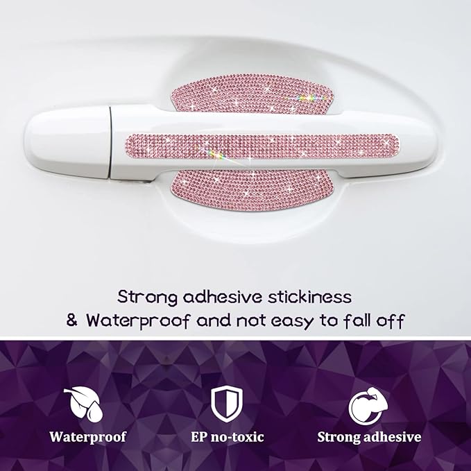 10PCS Car Door Handle Bling Rhinestones Stickers Universal Auto Door Handle Scratch Cover Guard Protective Film Pad with Safety Reflective Strips, Pink