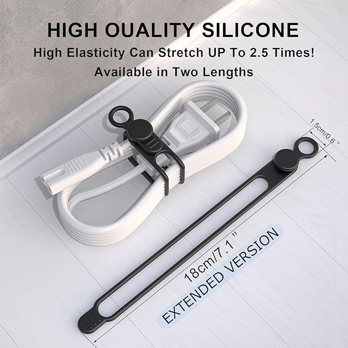 Silicone Cable Straps,10PCS 7.1"Cord Ties, Reusable Cable Ties，Travel Cord Organizer，Wire Organizer Ties for Kitchen,Home,School,Bundle Storage for Cables Etc（5 Colors）