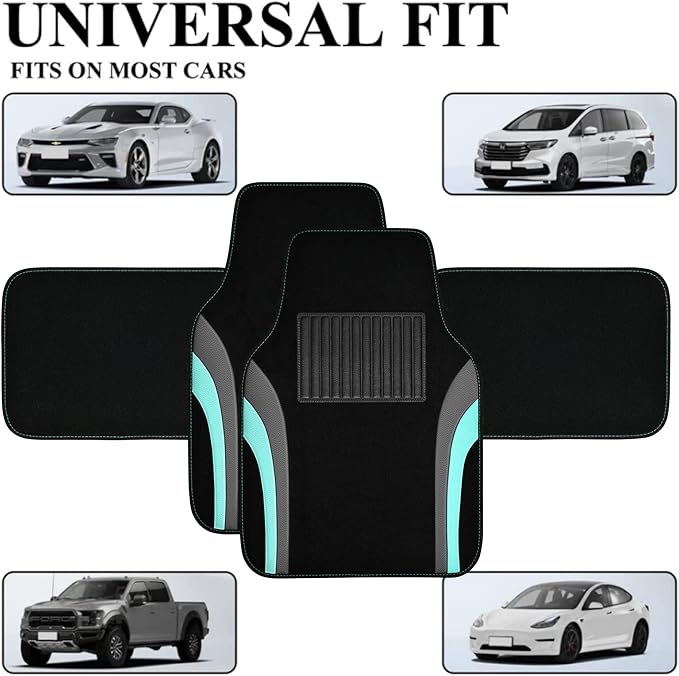 CAR PASS Leather Sporty Car Floor Mats Carpet, Universal Waterproof Automotive Floor Mat Fit for Sedans, Cars, Mid Trucks, Vans, SUV, Set of 4 (Black and Mint)