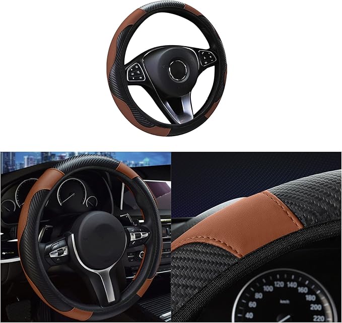 Car Steering Wheel Cover, 15 inch Carbon Fiber Microfiber PU Leather Elastic Steering Wheel Protector for Men Women, Anti-Slip Breathable Car Interior Accessories for Most Cars (Brown)