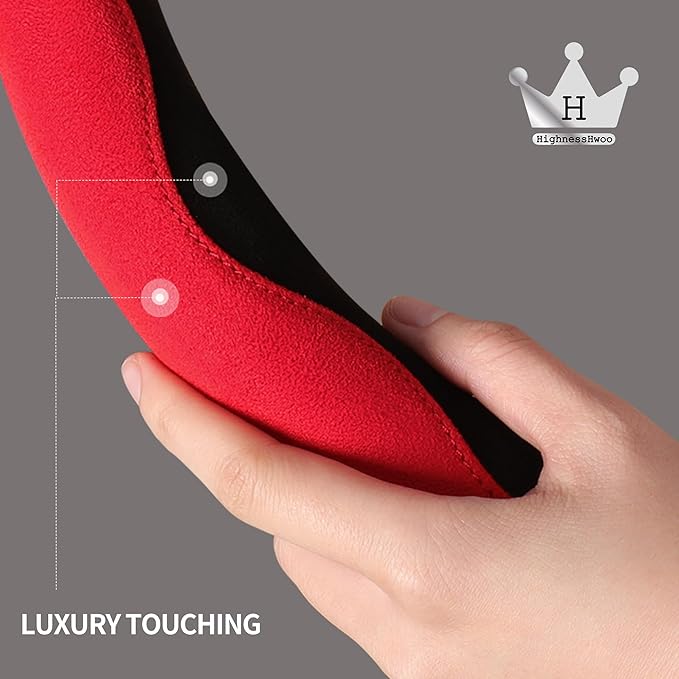 Luxury Suede Steering Wheel Cover for Cars, Soft Leather Padded Wheels Cover for F150, Trucks, Jeep, Van, Auto Thin Large Car Handle Cover, Universal Fit, Anti Slip, 15.2-16in, Red