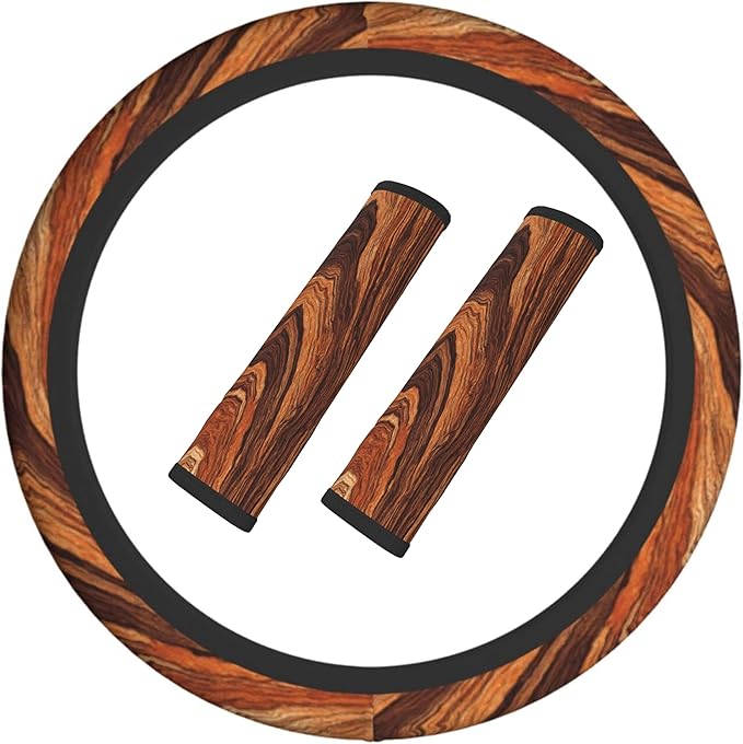 Wood Steering Wheel Cover Elastic Non-Slip Car Steering Wheel Covers with Seat Belt Shoulder Pad for Women Men