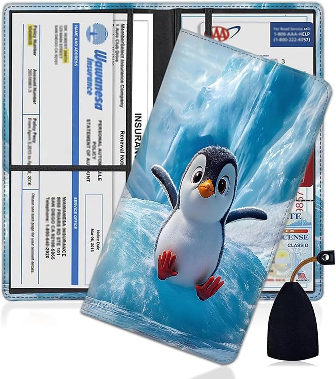 Car Document Holder with Magnetic Shut, Car Registration and Insurance Card Holder, Vehicle Glove Box Organizer Documents, Driver License, Auto Paperwork Organizer Wallet, Ice Field Penguin Pattern