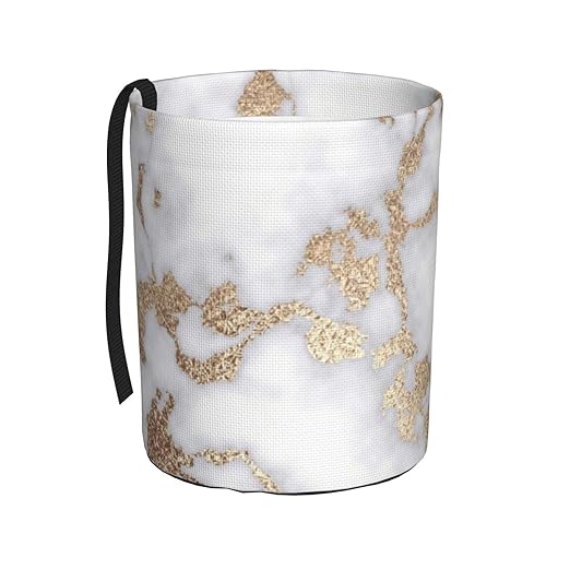 Modern Chic White Gold foil Marble Car Trash Can Leak Proof Hanging Waterproof Garbage Can Multipurpose Trash Bin for Car SUV Front Seat Headrest Collapsible and Portable Storage Pocket
