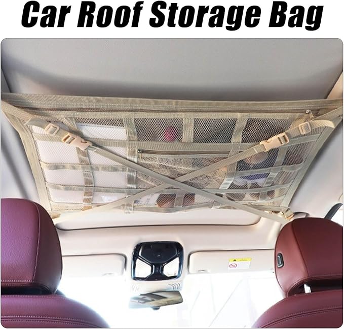Overhead Car Organizer, Compatible with Chevrolet Silverado Pickup Truck 2019-2025 Car Roof Storage Net Universal Car Ceiling Storage for Camping Storage Bag,Beige-Large